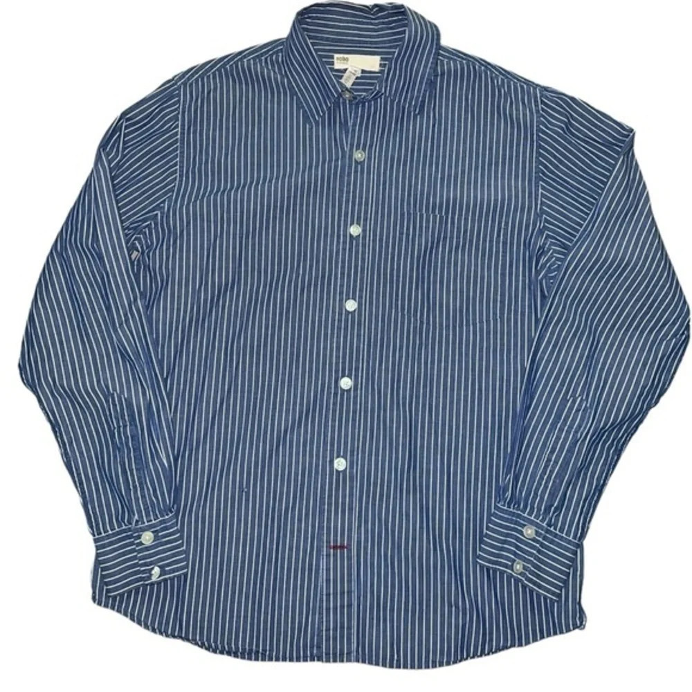 No Boundaries Men’s Button Down Shirt Stripes Denim Blue